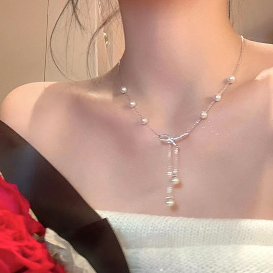 Bow Pearl Tassel Pendant Necklace