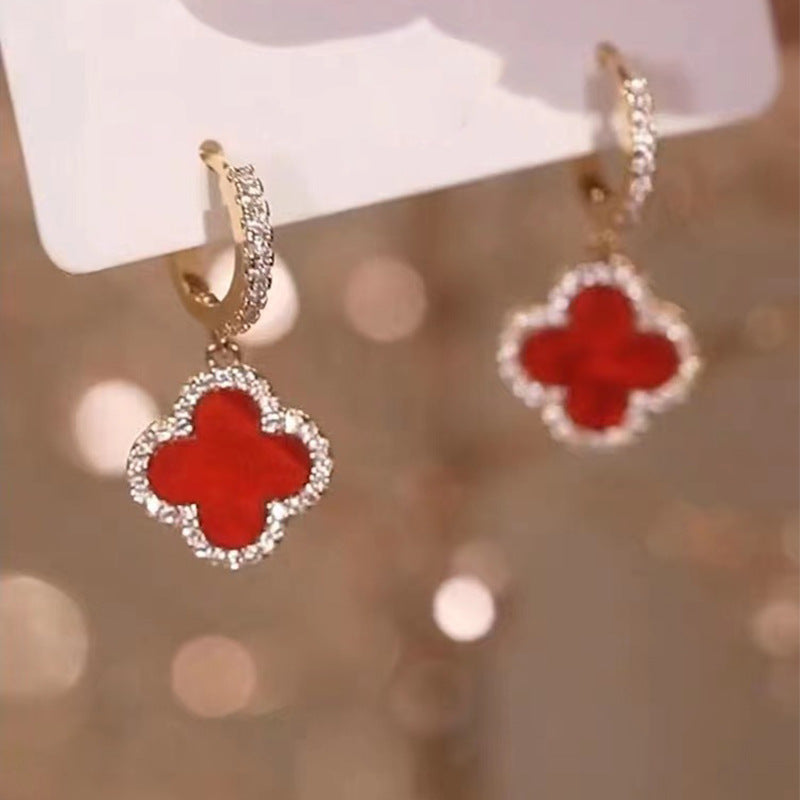 Four-Leaf Clover Earrings For Women High-End Classic Small Fragrance Earrings Copper Gold-Plated Light Sparkling Diamond Zircon Earrings