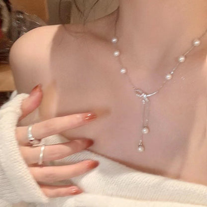 Bow Pearl Tassel Pendant Necklace