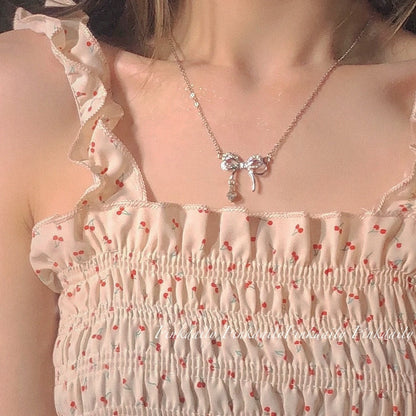 Korean Style Bow Crystal Pendant Necklace