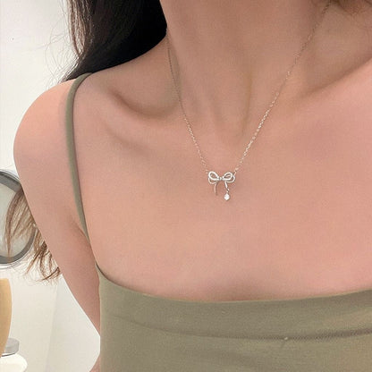 Korean Style Bow Crystal Pendant Necklace
