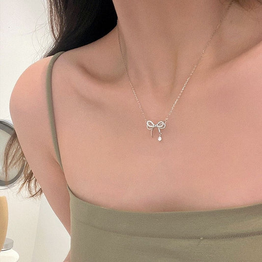 Korean Style Bow Crystal Pendant Necklace
