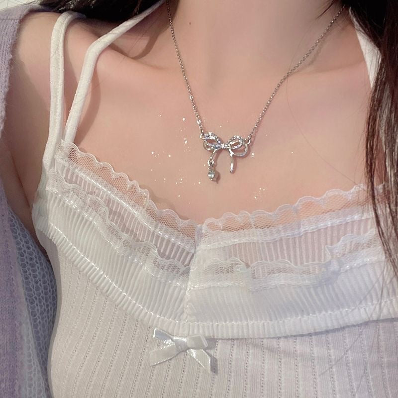 Korean Style Bow Crystal Pendant Necklace