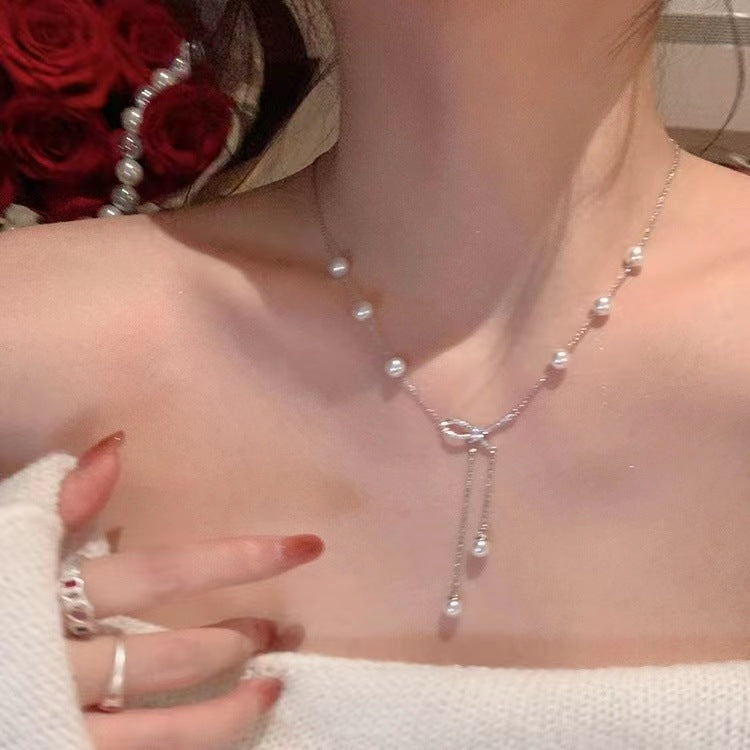 Bow Pearl Tassel Pendant Necklace