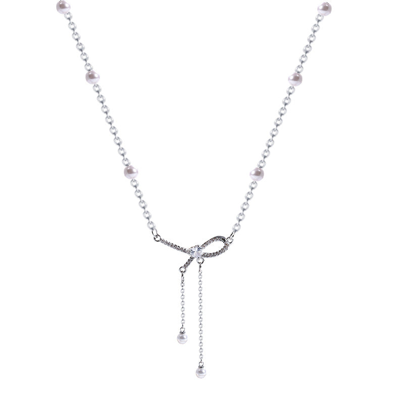 Bow Pearl Tassel Pendant Necklace