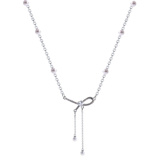 Bow Pearl Tassel Pendant Necklace